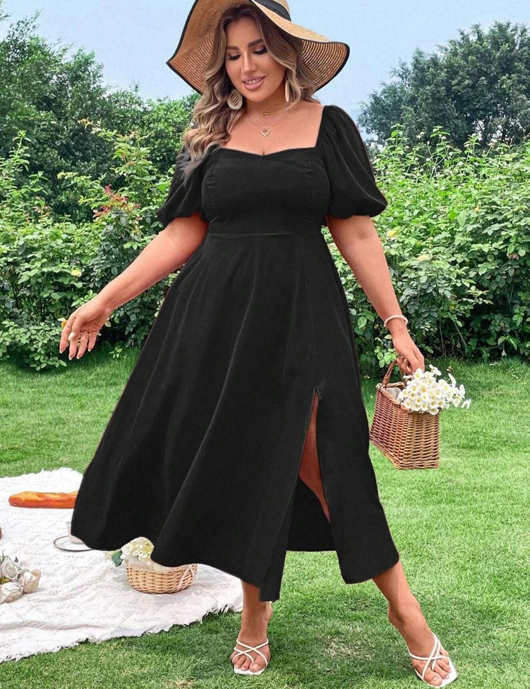 CURVE BY KOTTY Plus Size Puff Sleeve Fit & Flare Midi Dress With Slits