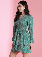 Kotty Women PrintedBishop Sleeve Crepe Fit & Flare Mini Dress