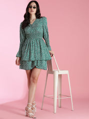 Kotty Women PrintedBishop Sleeve Crepe Fit & Flare Mini Dress