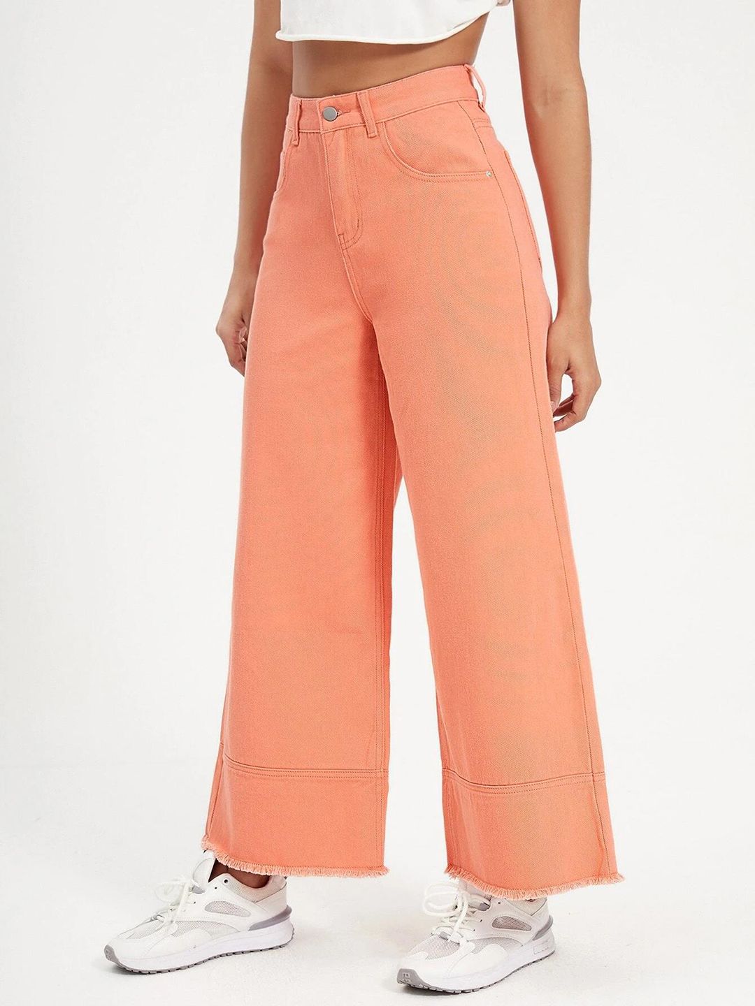 Kotty Women Clean Look Wide Leg High-Rise Frayed Denim Cotton Stretchable Jeans