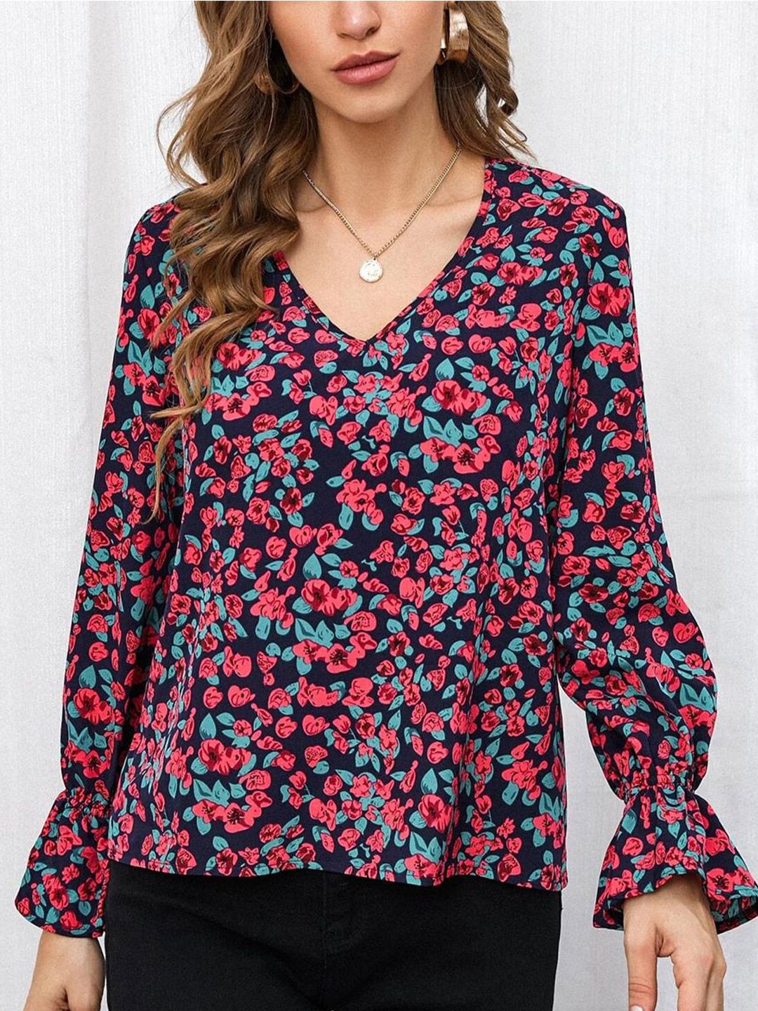 Kotty Floral Print Bell Sleeve Crepe Top