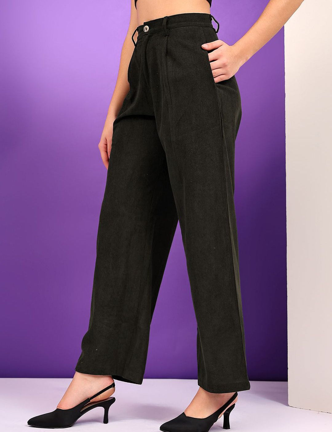 Kotty Women Loose Fit High-Rise Corduroy Pleated Trousers