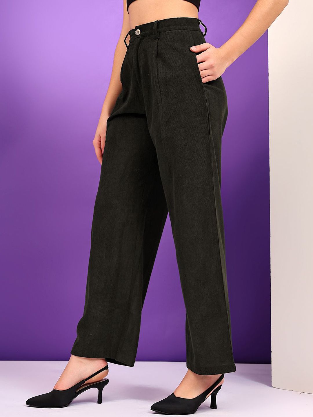 Kotty Women Loose Fit High-Rise Corduroy Pleated Trousers
