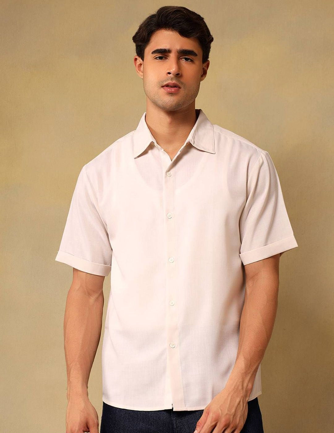 Kotty Men Comfort Fit Solid Spread Collar Linen Casual Shirt