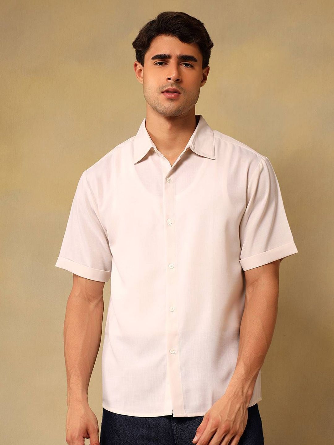 Kotty Men Comfort Fit Solid Spread Collar Linen Casual Shirt