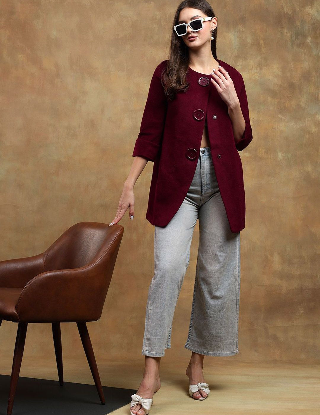 Kotty Women Solid Overcoat with Mock Button