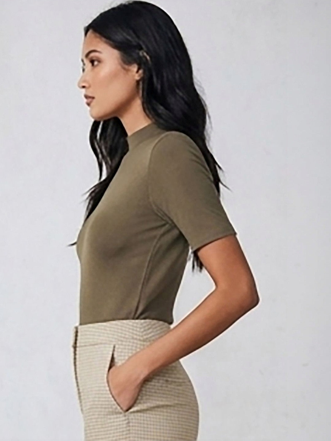 Kotty Top Caramel Brown Women's Mock-Collar Short-Sleeve Fashion