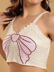 Kotty Women Self Design Crochet Shoulder Straps Cotton Crop Top