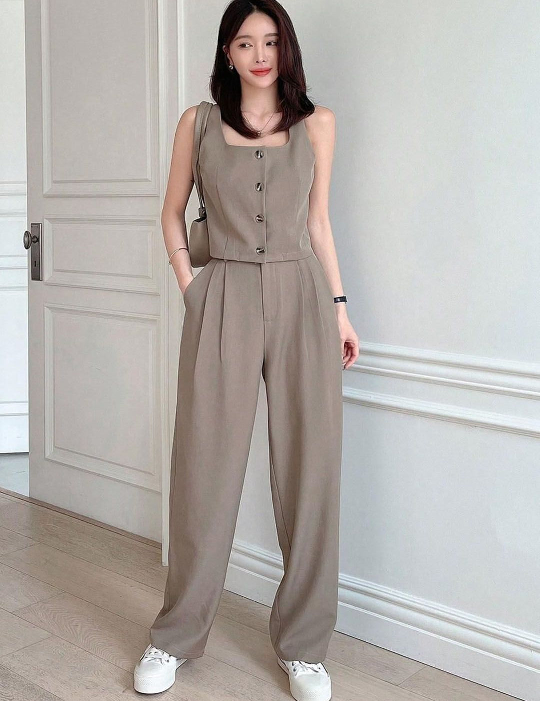 Kotty Brown Square Neck Sleeveless Top With Skirt 