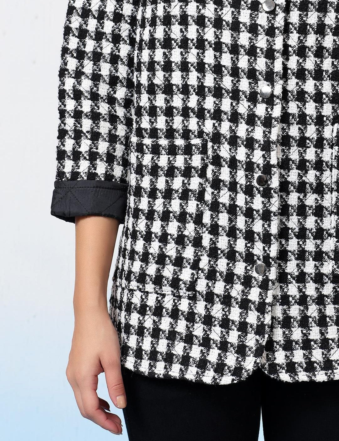 Kotty Women Checked Mandarin Collar Single-Breasted Overcoat