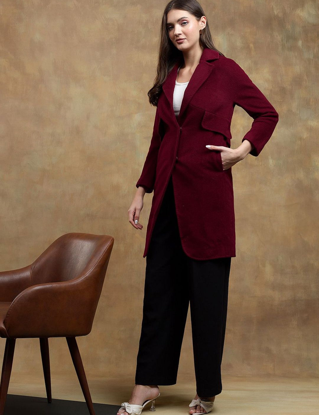 Kotty Solid Notched Lapel Longline Overcoat