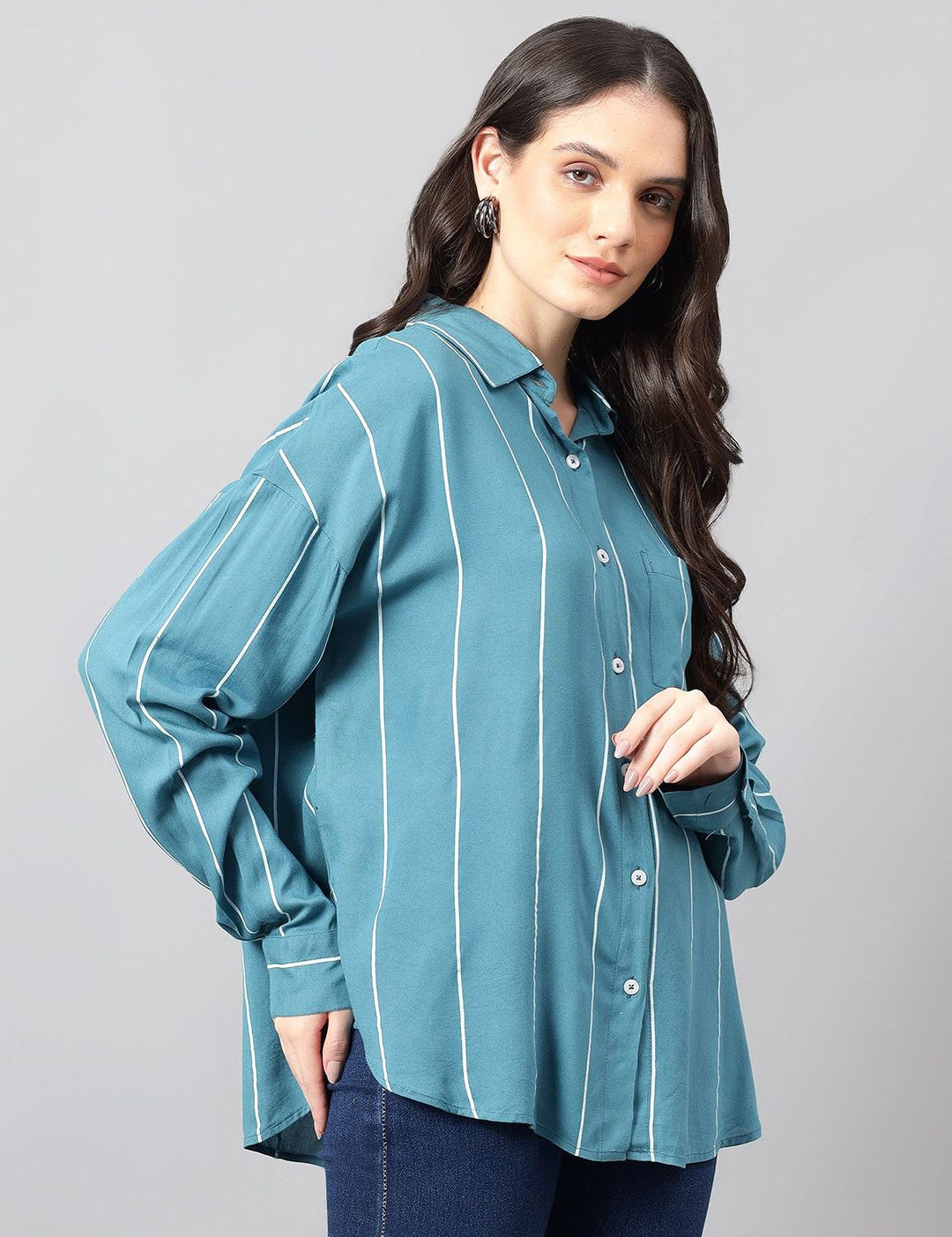 Kotty Women Comfort Spread Collar Vertical Striped Cotton Oversized Casual Shirt