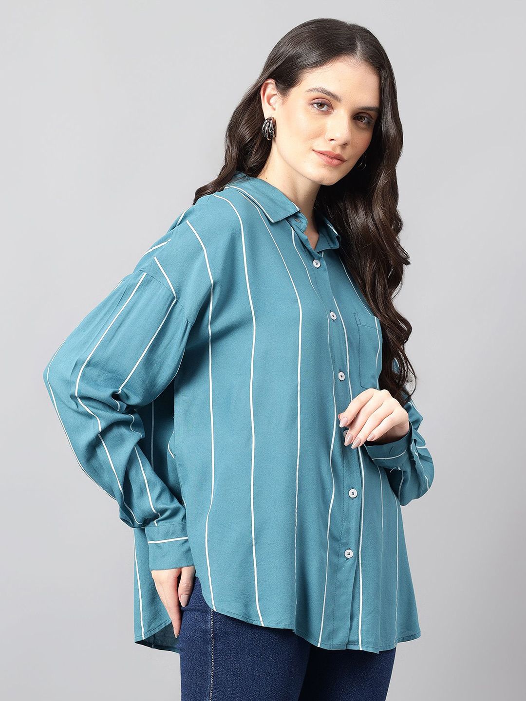 Kotty Women Comfort Spread Collar Vertical Striped Cotton Oversized Casual Shirt