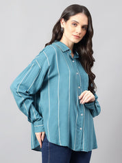 Kotty Women Comfort Spread Collar Vertical Striped Cotton Oversized Casual Shirt
