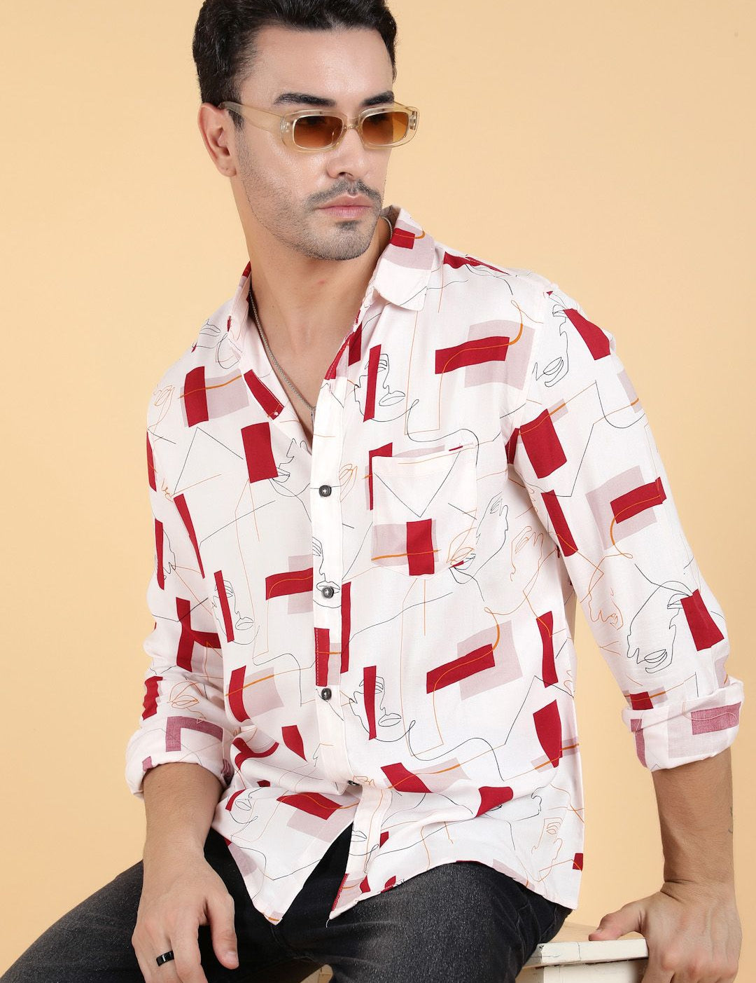 Kotty Men Relaxed Spread Collar Graphic Printed Cotton Casual Shirt