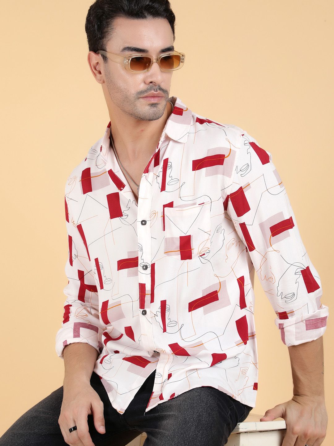 Kotty Men Relaxed Spread Collar Graphic Printed Cotton Casual Shirt
