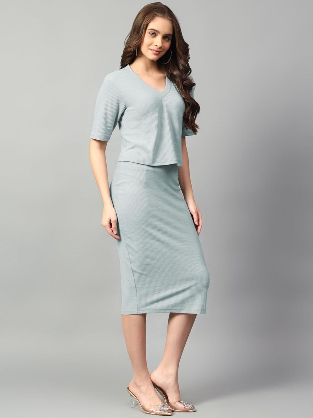 Kotty Green V-Neck Short Sleeves Top With Skirt 