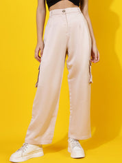 Kotty Women Relaxed Straight Leg Straight Fit High-Rise Easy Wash Pleated Cargos Trousers