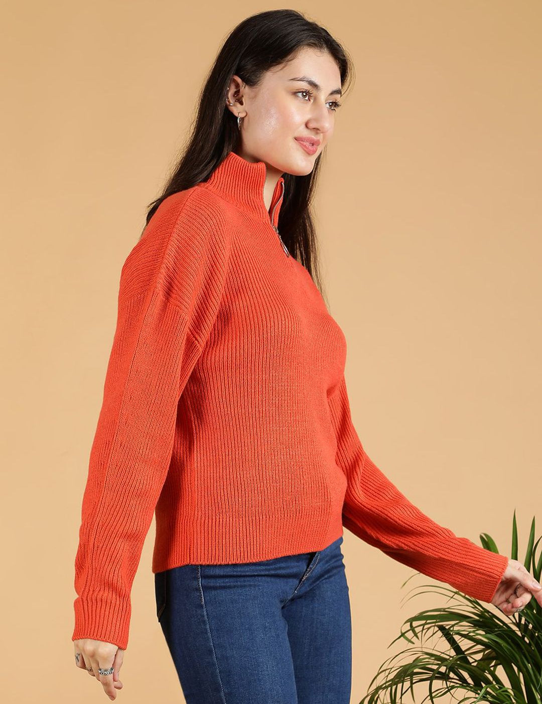 Kotty Women Half Zipper Ribbed Cotton Pullover