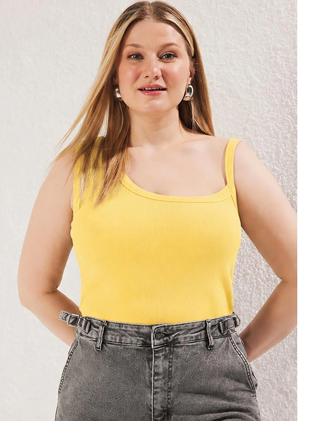 Kotty Women's Mustard Yellow Scoop Neck Strappy Sleeveless Top | Trendy Summer Wear