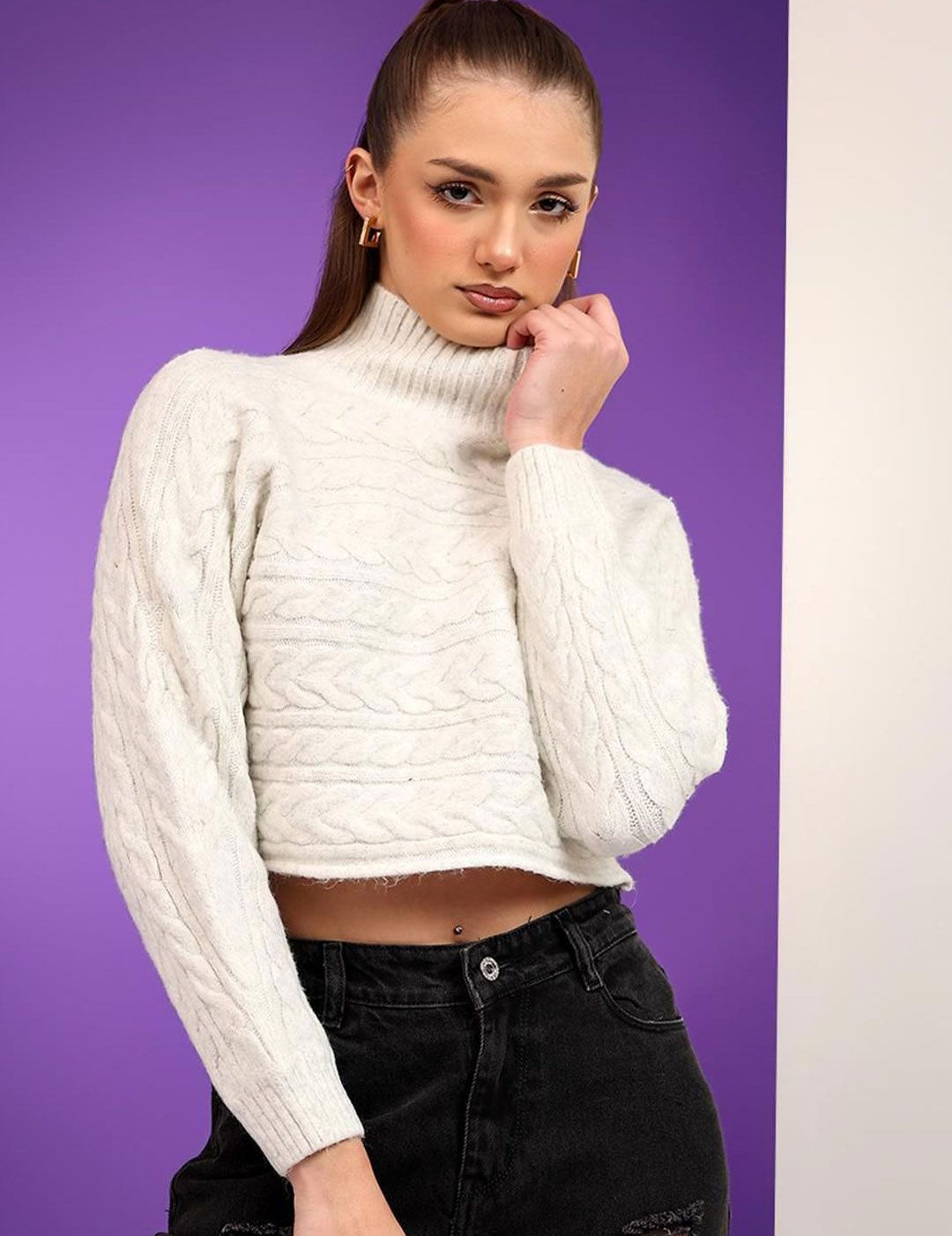 Kotty Women Cable Knit Self Design Cotton Crop Pullover