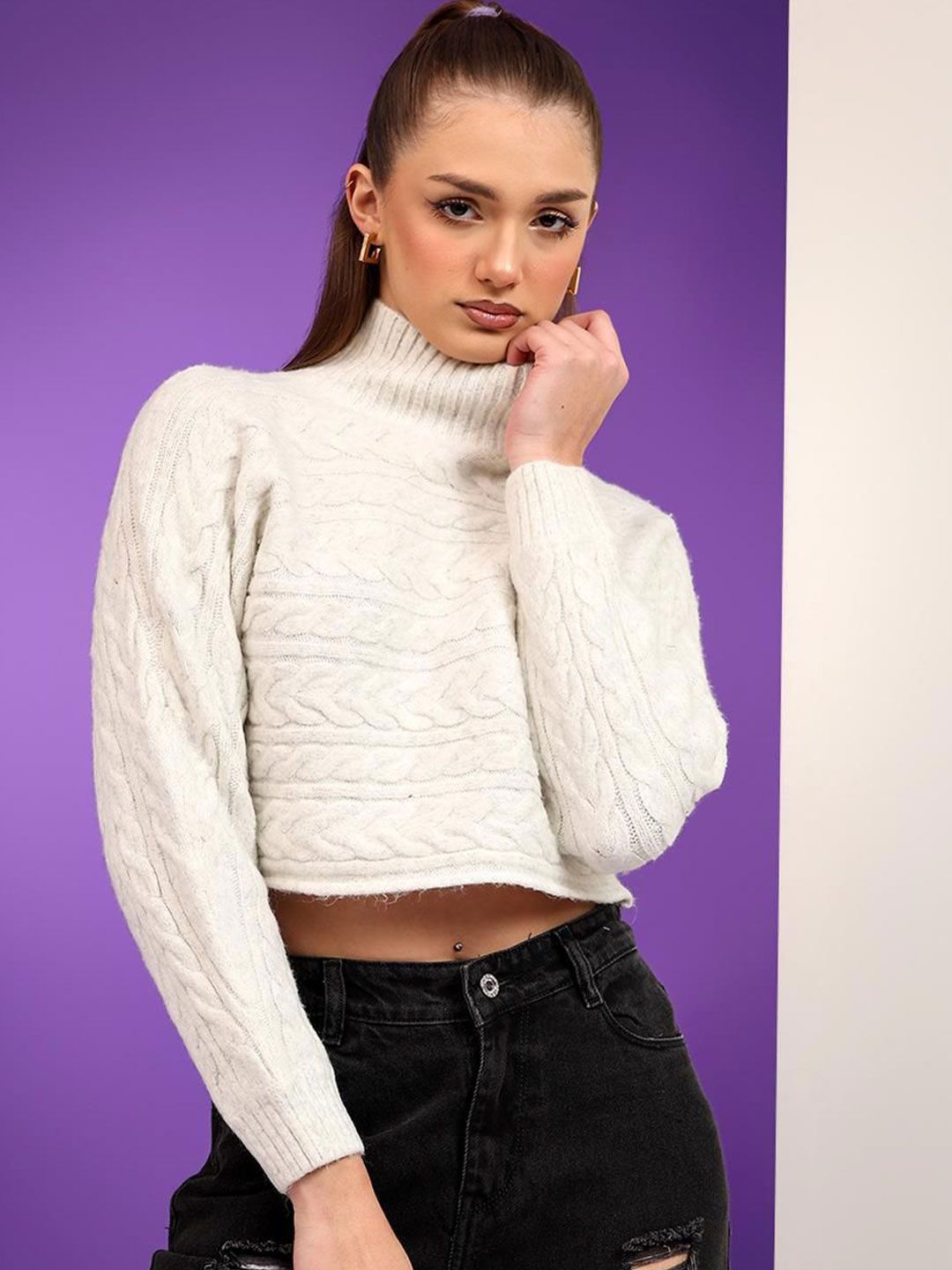 Kotty Women Cable Knit Self Design Cotton Crop Pullover