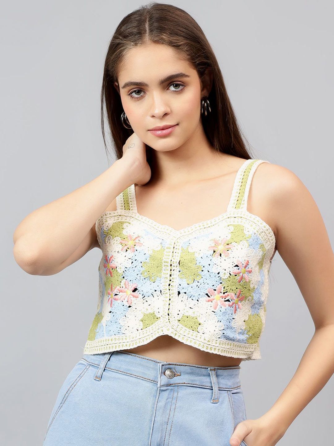 Kotty Women Self Design Square Neck Cotton Top