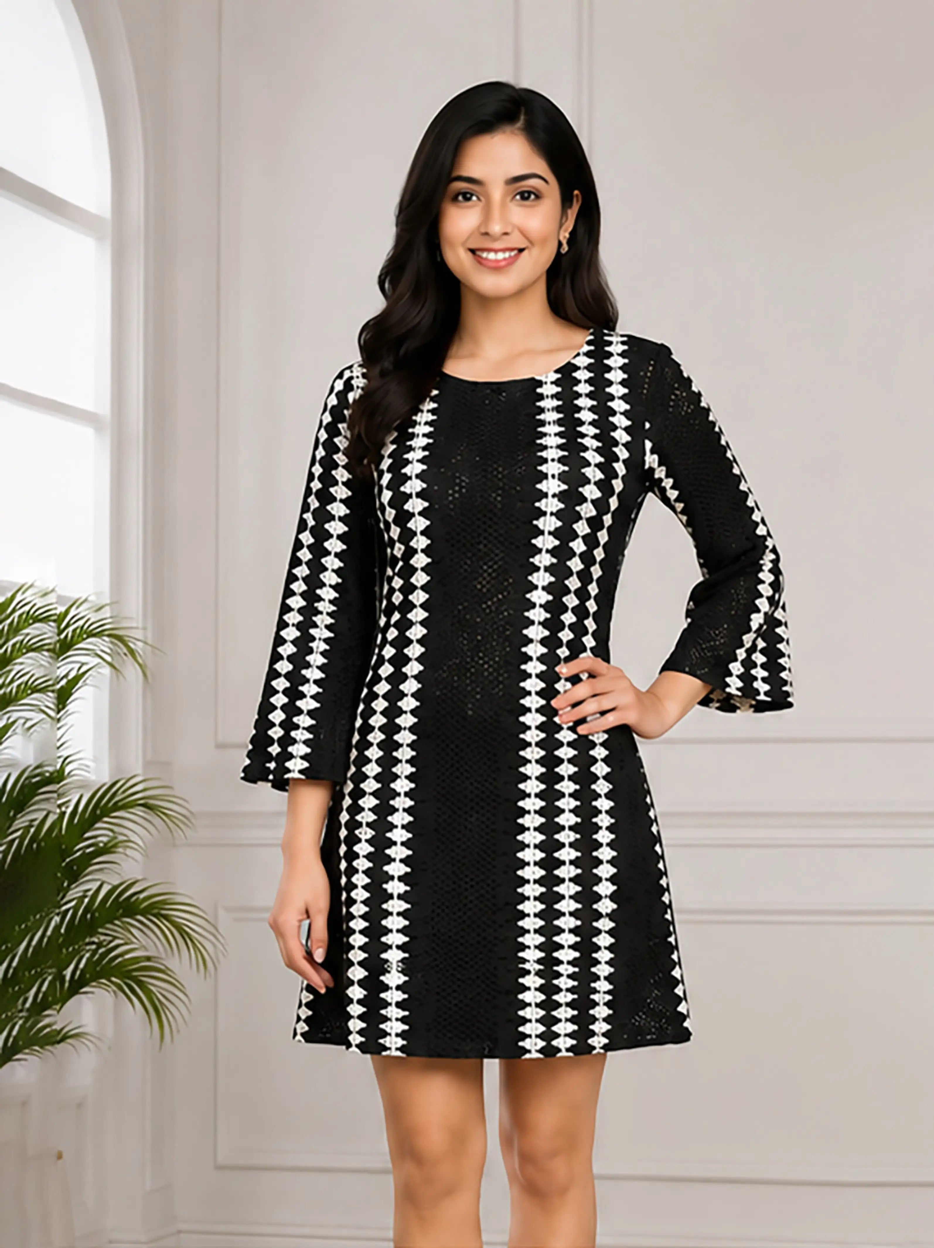 Black White Crochet Mini Dress for Women Stylish Casual