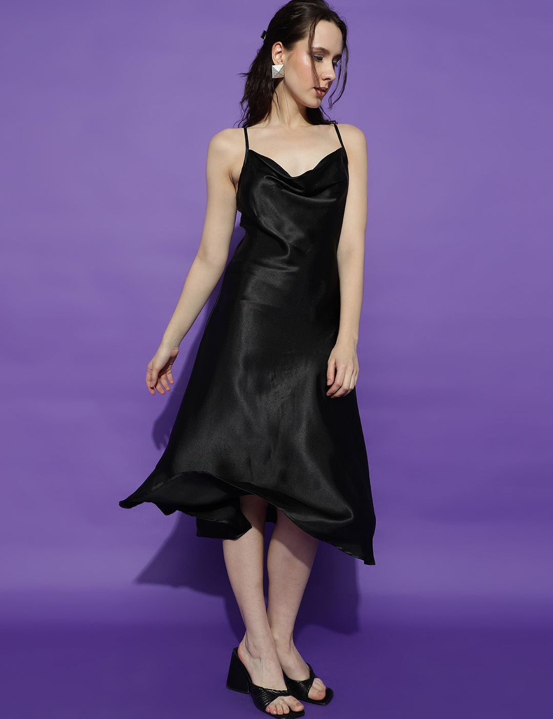 Kotty Women Solid Cowl Neck A-Line Midi Dress