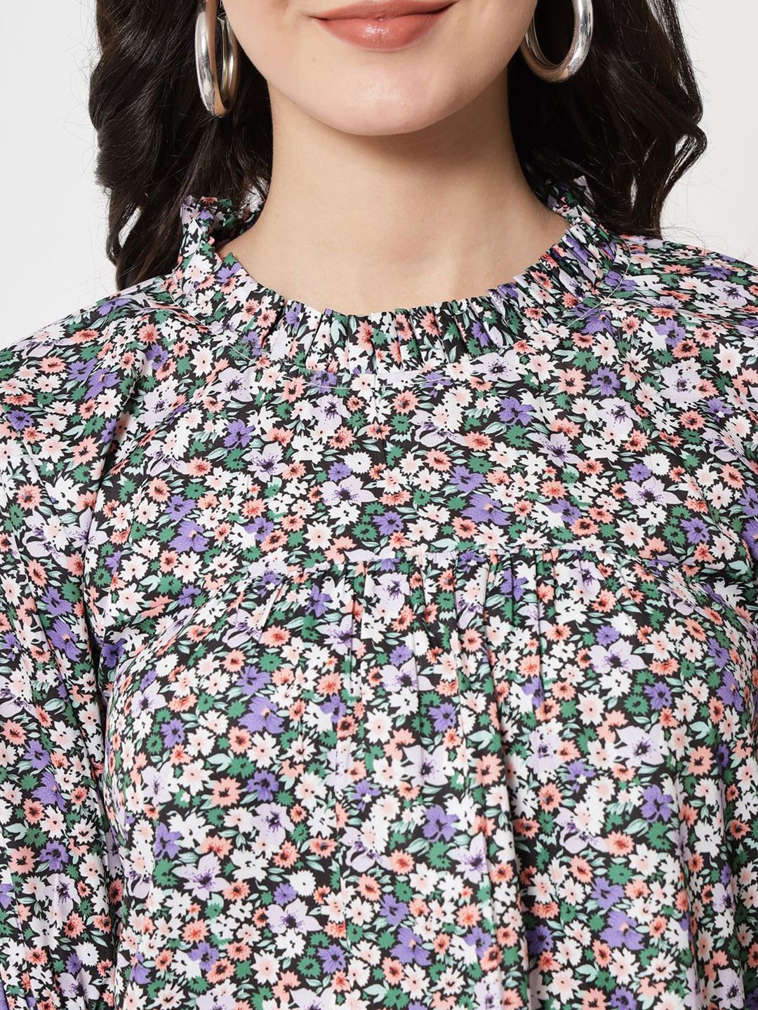 Kotty Women Floral Print Puff Sleeve Crepe Top
