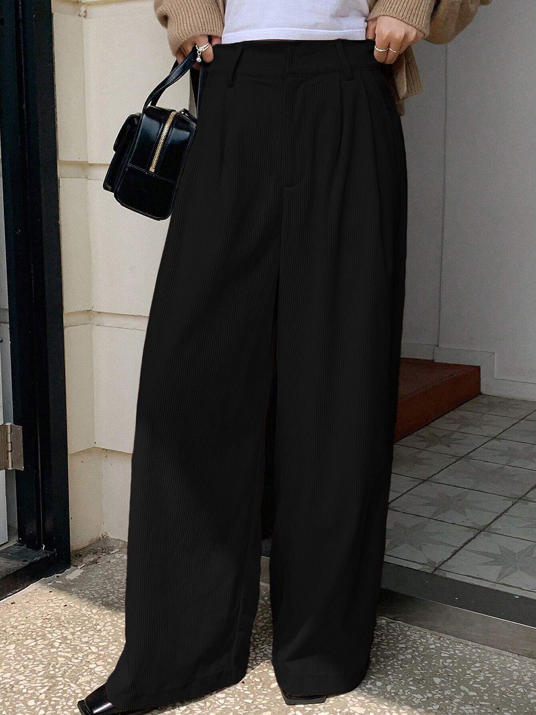 Kotty Women Relaxed Straight Leg Loose Fit High-Rise Corduroy Cotton Trousers