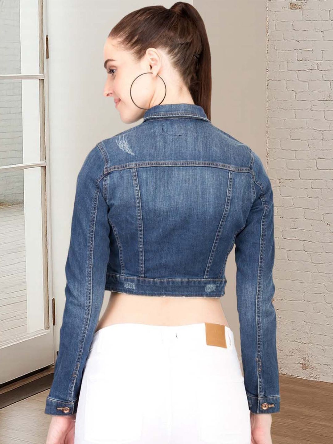 Kotty Women Spread Collar Solid Denim Jacket