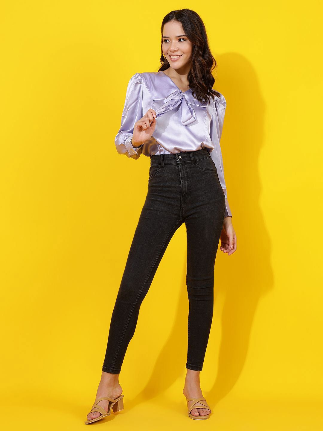 Kotty Women Solid Tie-Up Neck Satin Top