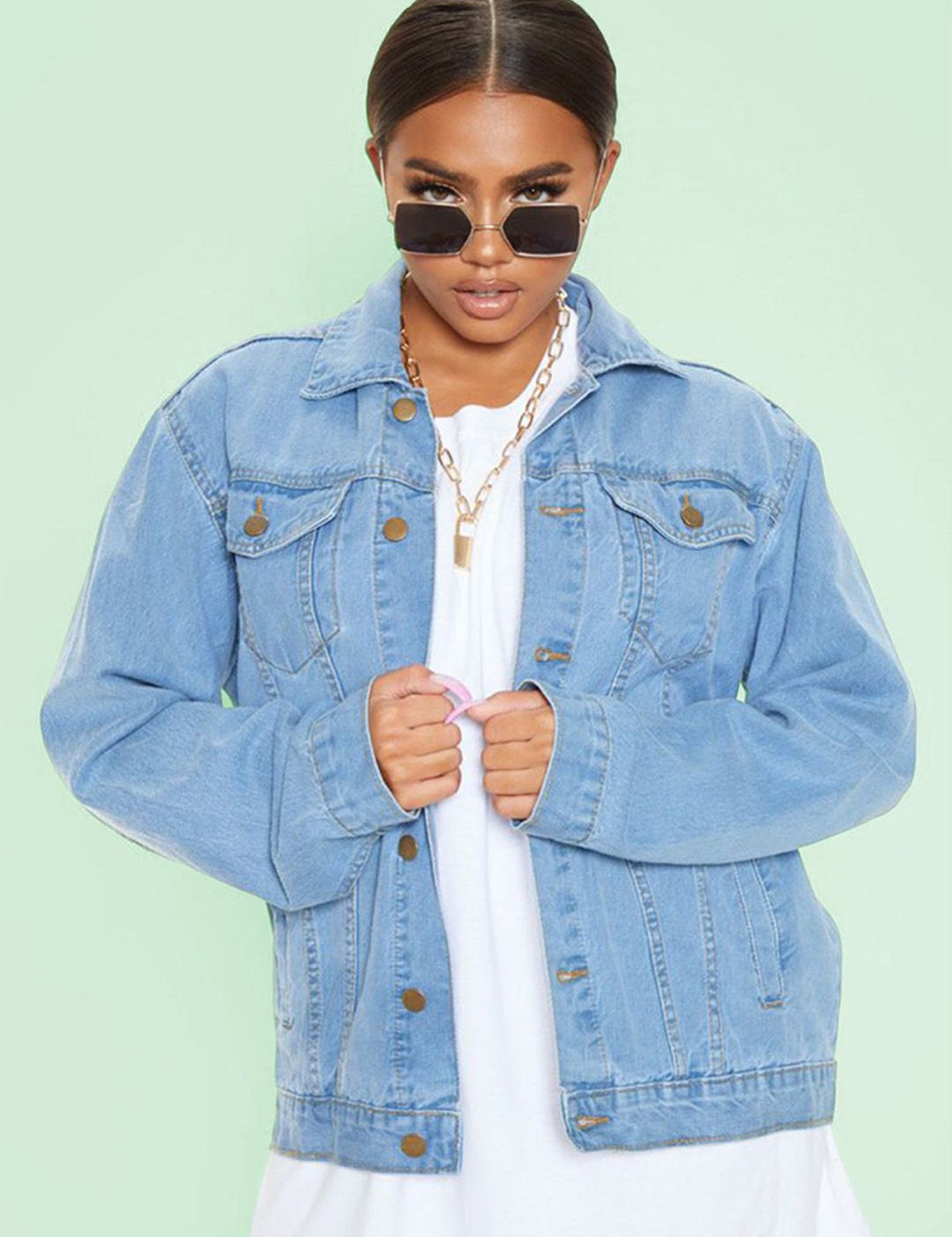 Kotty Women Spread Collar Solid Cotton Casual Denim Jacket