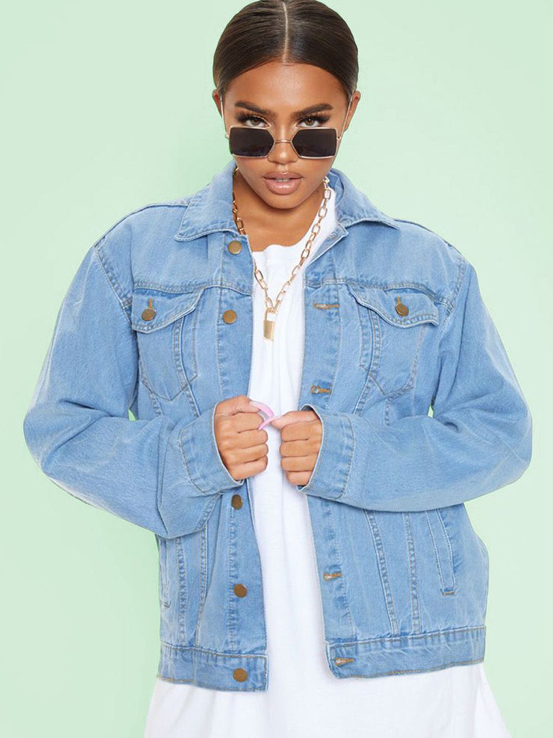 Kotty Women Spread Collar Solid Cotton Casual Denim Jacket