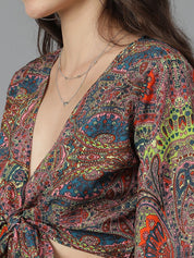 Kotty Floral Print Flared Sleeve Crop Top