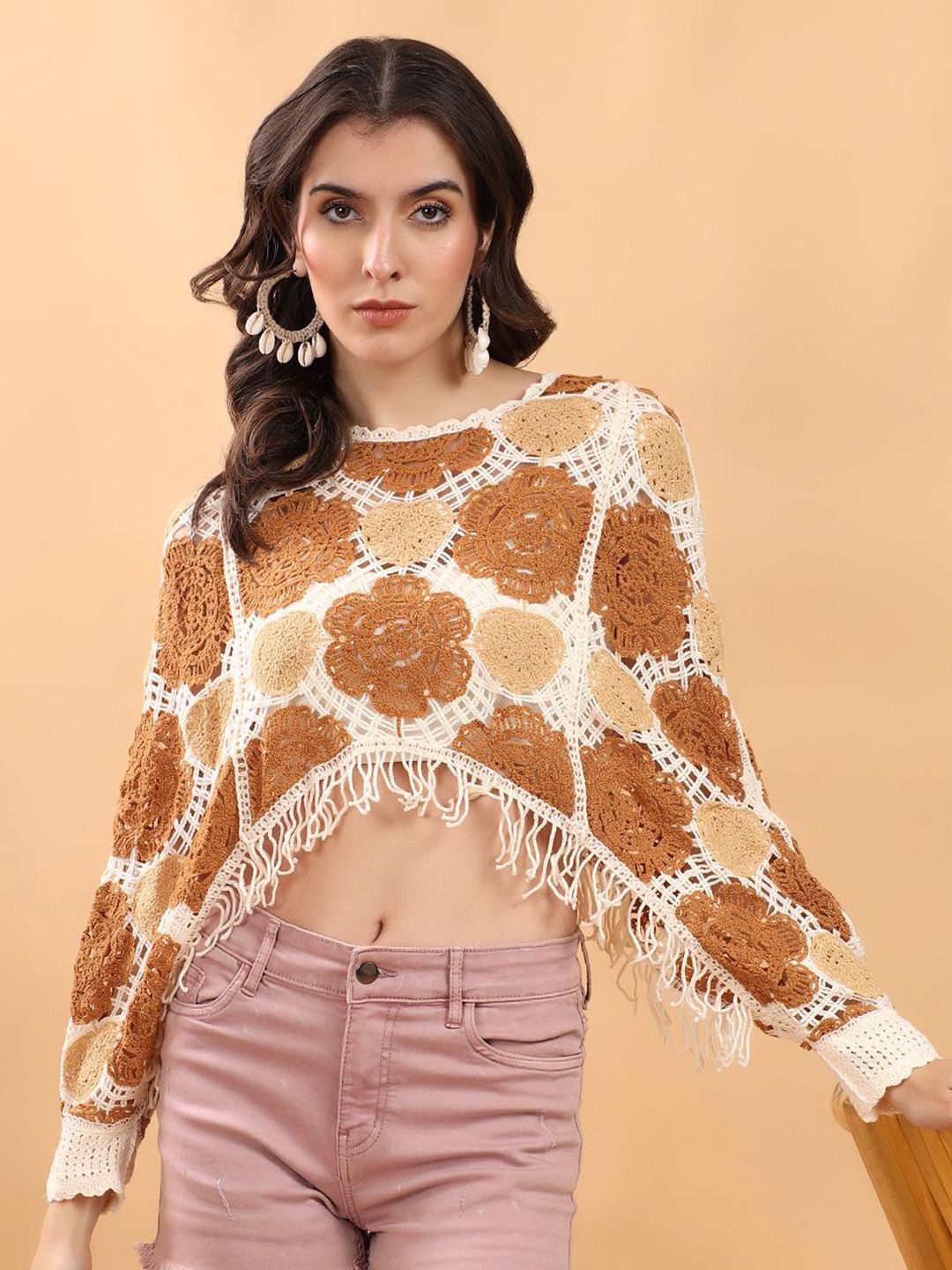 Kotty Self Design Batwing Sleeves Crop Top