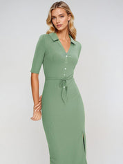 Kotty Women Shirt Collar Bodycon Midi Dress