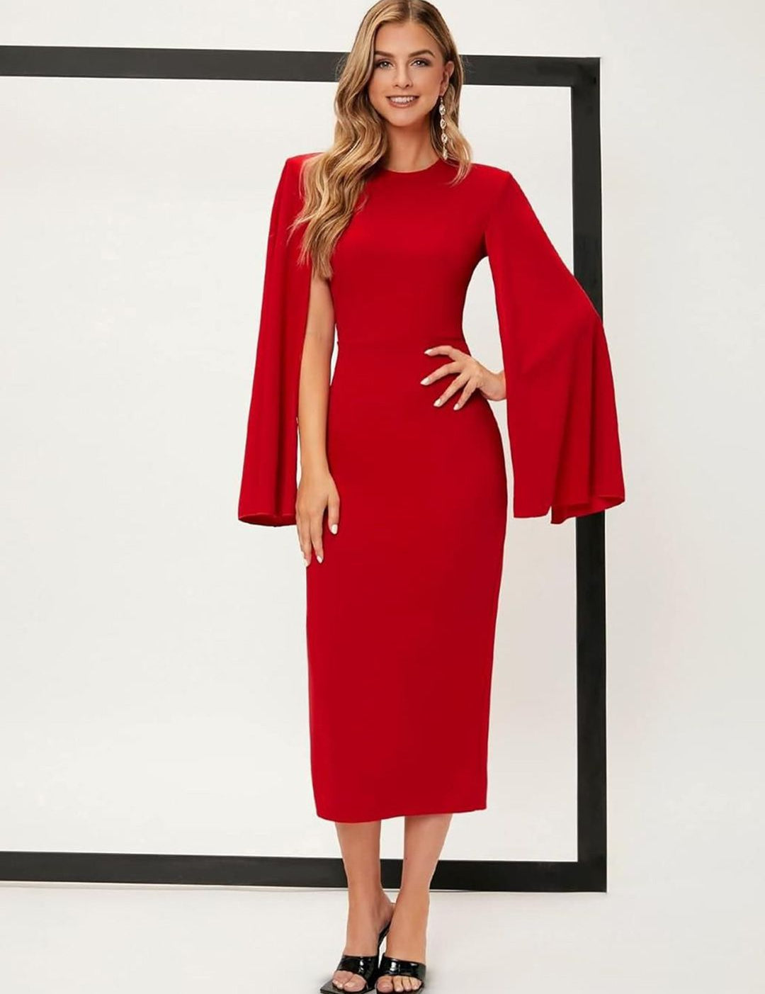 Kotty Women Slit Sleeves Bodycon Midi Dress