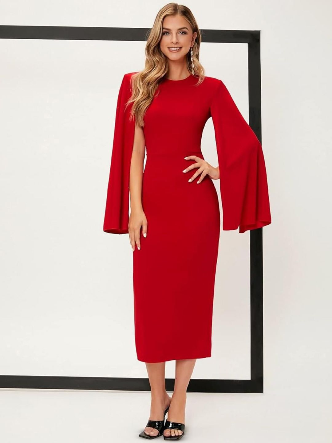 Kotty Women Slit Sleeves Bodycon Midi Dress