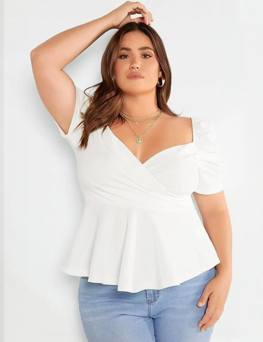 KOTTY Women Plus Size Sweetheart Neck Puff Sleeve Peplum Top