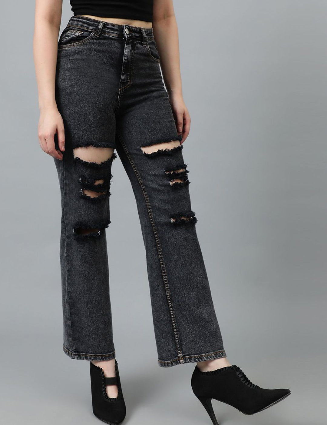 Kotty Women Straight Fit High-Rise Highly Distressed Cotton Stretchable Jeans