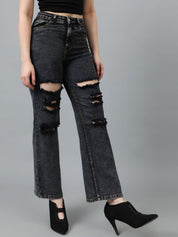 Kotty Women Straight Fit High-Rise Highly Distressed Cotton Stretchable Jeans