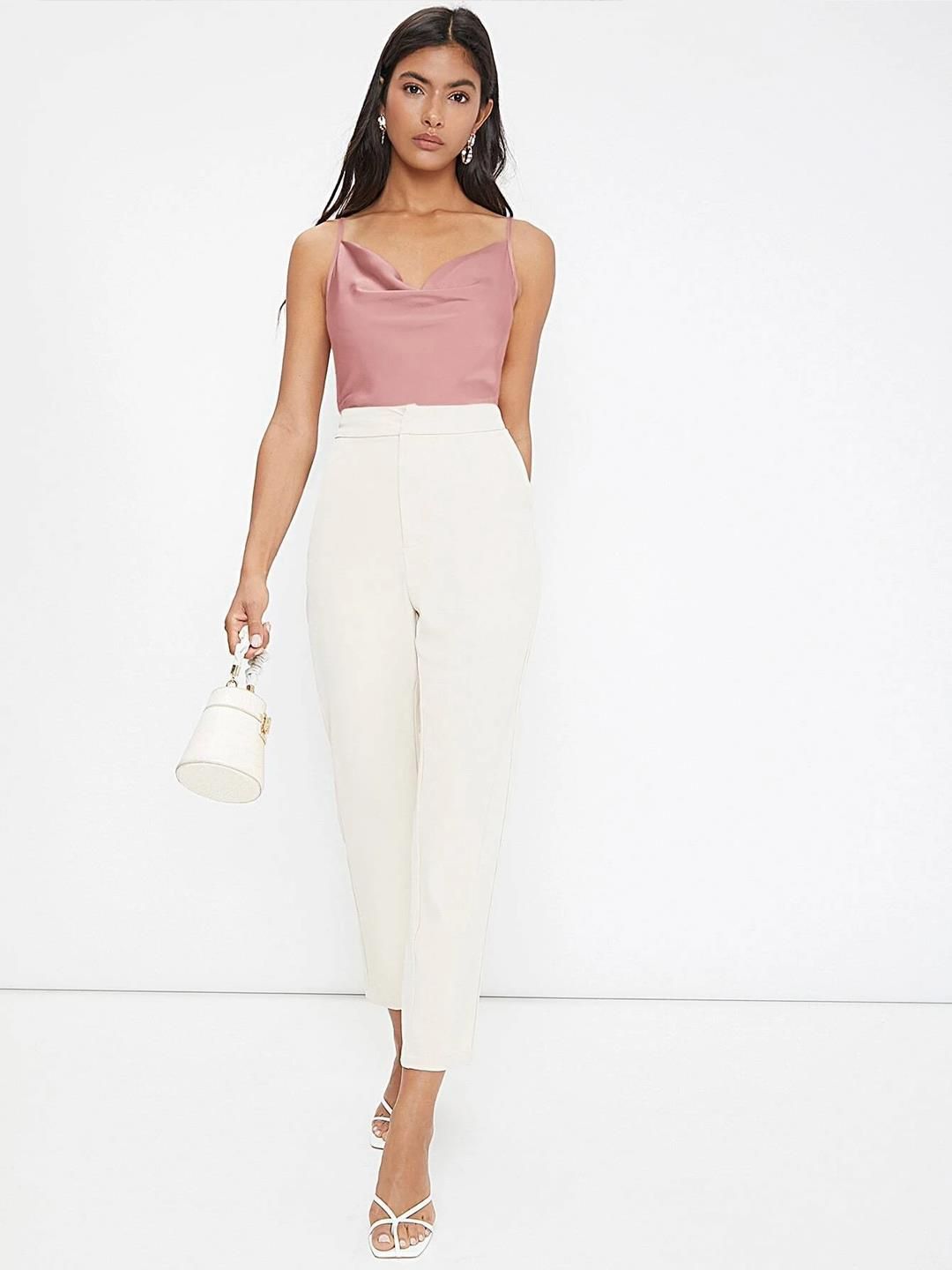 Kotty Women Solid Cowl Neck Shoulder Straps Satin Top