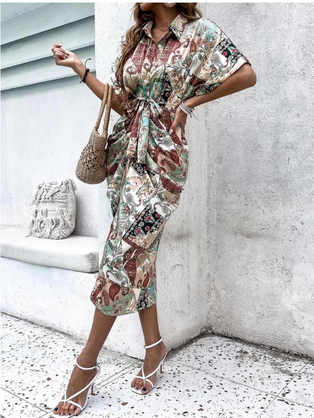 Kotty Floral Print Crepe Shirt Midi Dress