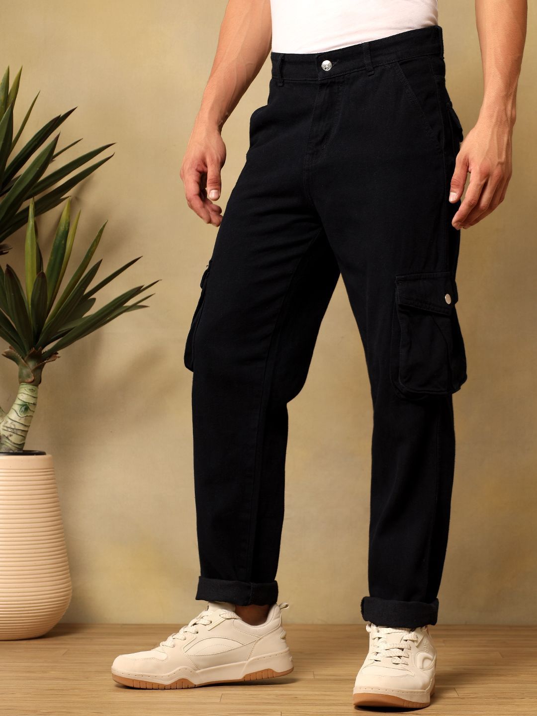 Kotty Men Relaxed Fit Mid-Rise Stretchable Cotton Utility Cargo Jeans