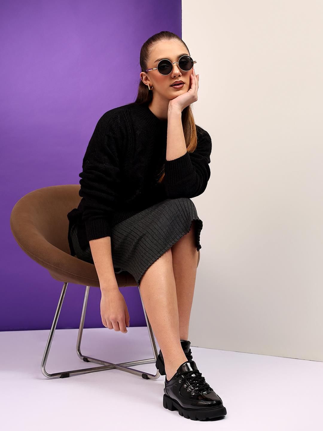 Kotty Women Self Design Cable Knit Pullover Sweater 