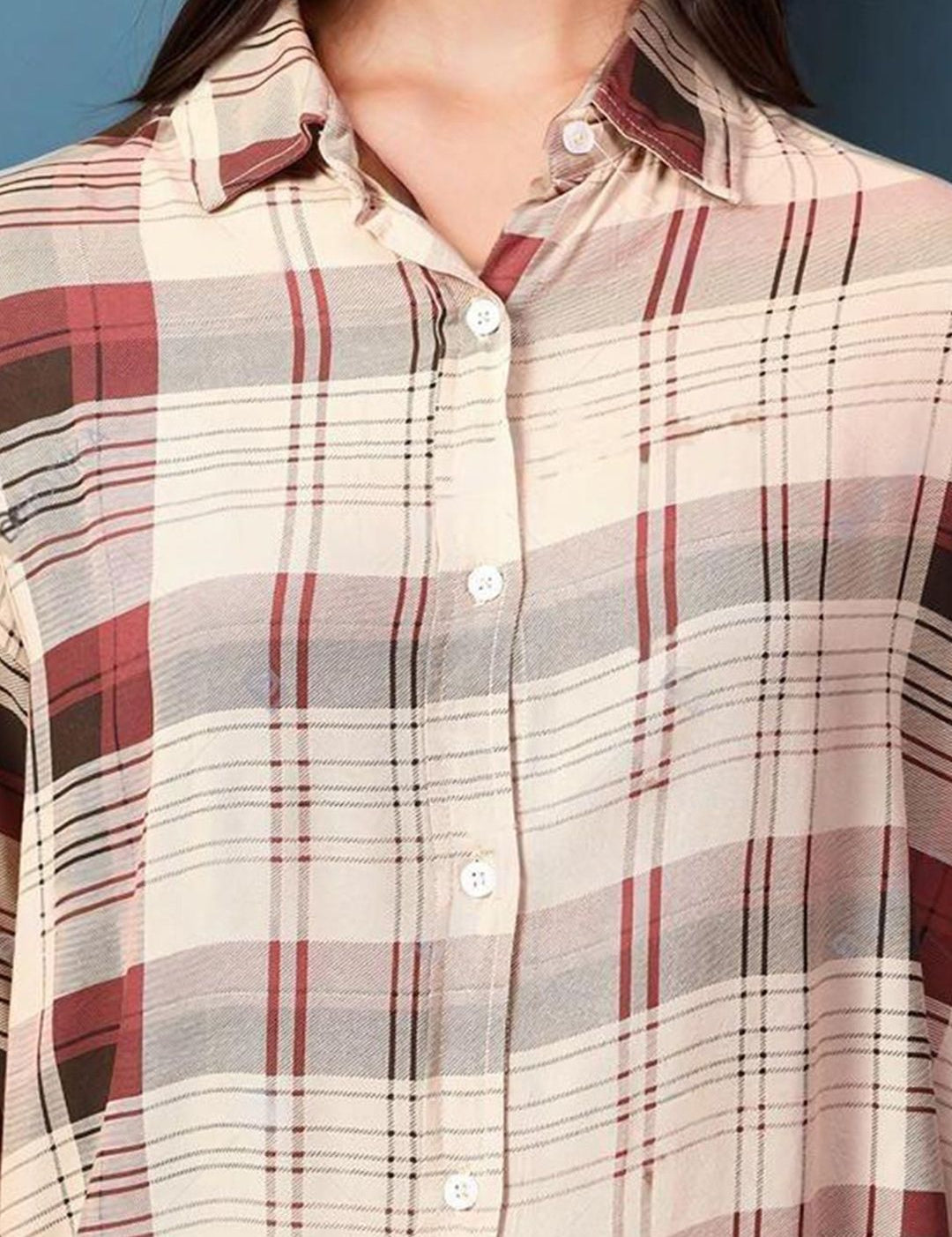 Kotty Women Spread Collar Tartan Checked Cotton Casual Shirt