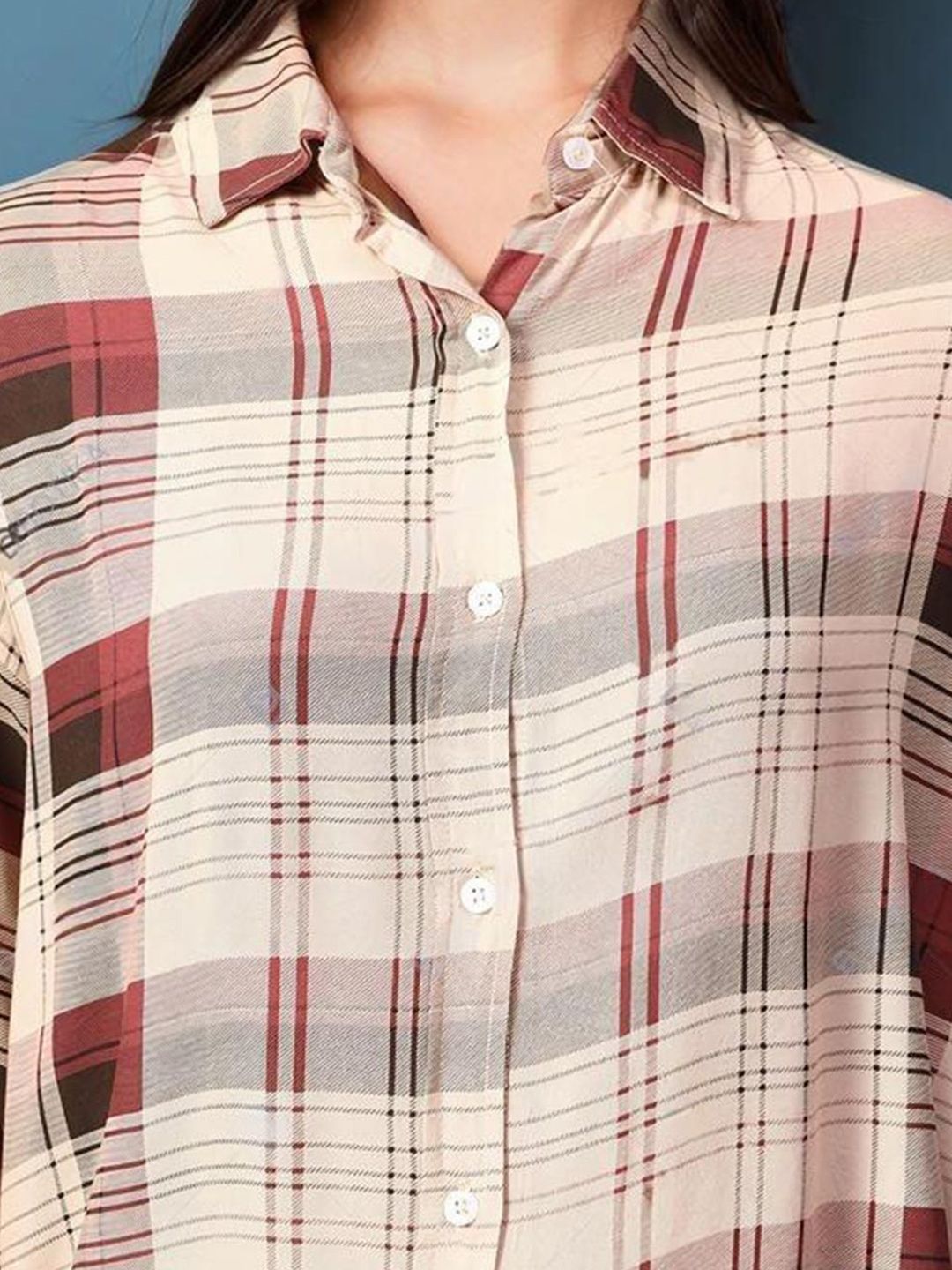 Kotty Women Spread Collar Tartan Checked Cotton Casual Shirt