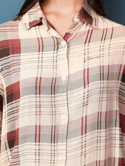 Kotty Women Spread Collar Tartan Checked Cotton Casual Shirt